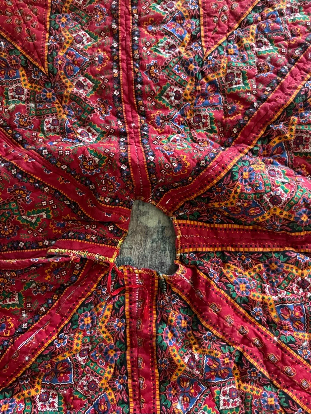 Large 83” Quilted Patchwork Christmas Tree Skirt Red Multicolor Boho